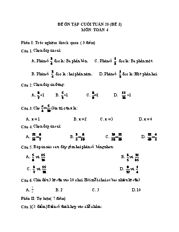 Đề kiểm tra bài tập cuối tuần học kì 2 Toán Lớp 4 - Tuần 20 - Đề 3