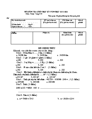 Đề kiểm tra cuối học kì 1 môn Toán Lớp 4 - Năm học 2022-2023 (Có đáp án)