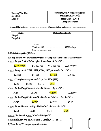 Đề kiểm tra cuối học kì 1 Toán Lớp 4 - Năm học 2022-2023 (Có đáp án)