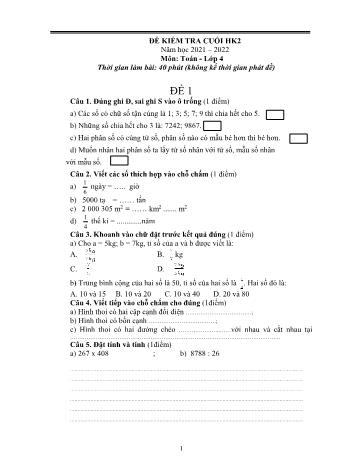 Đề kiểm tra cuối học kì 2 Toán Lớp 4 - Đề 1 - Năm học 2021-2022 (Có đáp án)