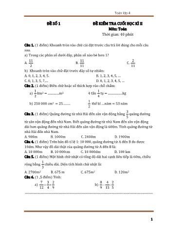 Đề kiểm tra cuối học kì 2 Toán Lớp 4 - Đề số 1 (Có đáp án)