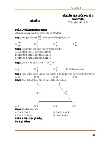 Đề kiểm tra cuối học kì 2 Toán Lớp 4 - Đề số 10 (Có đáp án)