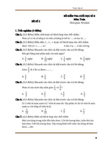 Đề kiểm tra cuối học kì 2 Toán Lớp 4 - Đề số 2 (Có đáp án)