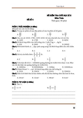 Đề kiểm tra cuối học kì 2 Toán Lớp 4 - Đề số 4 (Có đáp án)