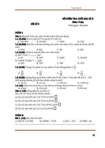 Đề kiểm tra cuối học kì 2 Toán Lớp 4 - Đề số 5 (Có đáp án)