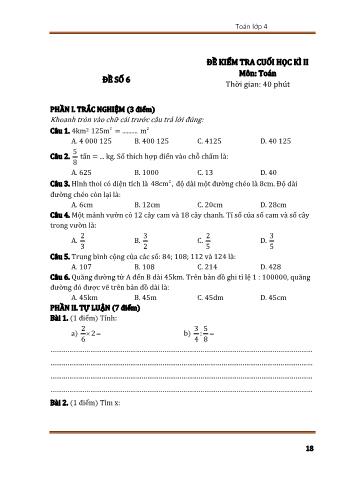 Đề kiểm tra cuối học kì 2 Toán Lớp 4 - Đề số 6 (Có đáp án)