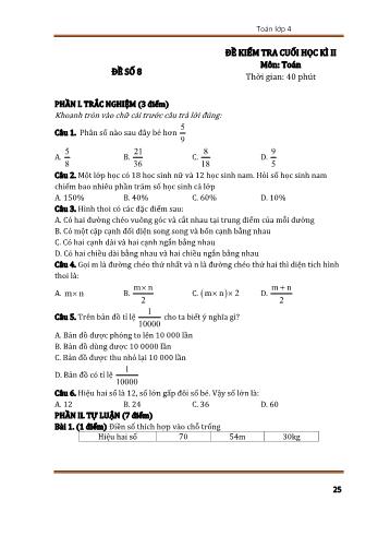 Đề kiểm tra cuối học kì 2 Toán Lớp 4 - Đề số 8 (Có đáp án)