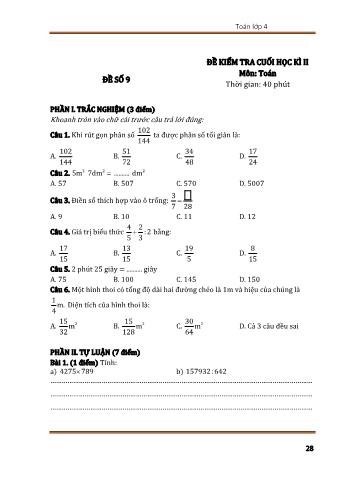 Đề kiểm tra cuối học kì 2 Toán Lớp 4 - Đề số 9 (Có đáp án)