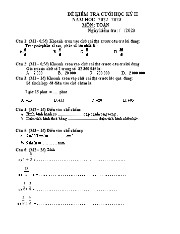 Đề kiểm tra cuối học kì 2 Toán Lớp 4 - Năm học 2022-2023 (Có đáp án)