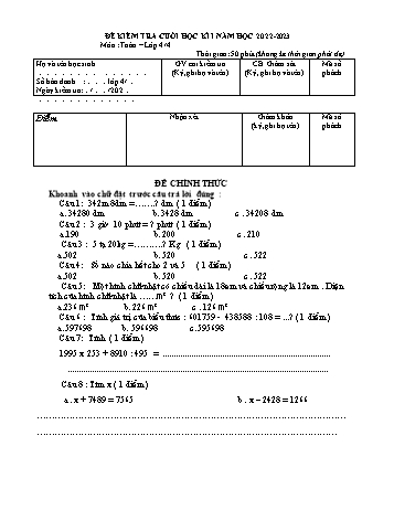 Đề kiểm tra cuối kì 1 Toán Lớp 4 - Năm học 2022-2023 (Có đáp án)