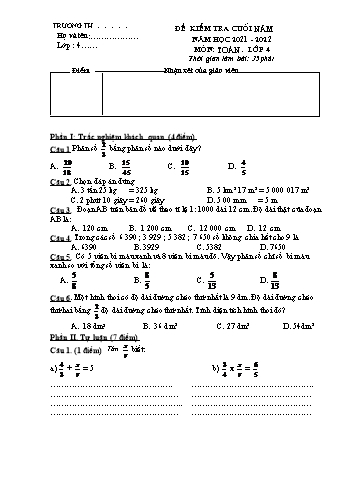 Đề kiểm tra cuối năm Toán Lớp 4 - Năm học 2021-2022 (Có hướng dẫn chấm)