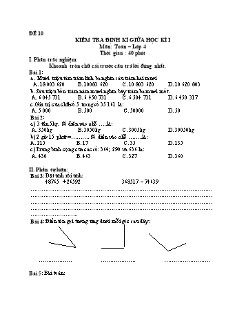 Đề kiểm tra giữa học kì 1 Toán Lớp 4 - Đề 10