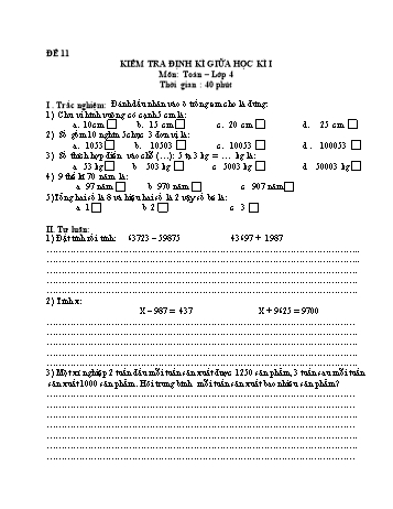 Đề kiểm tra giữa học kì 1 Toán Lớp 4 - Đề 11