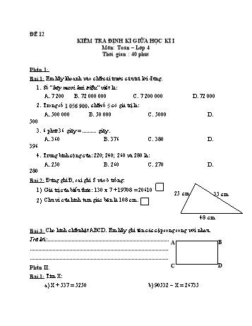 Đề kiểm tra giữa học kì 1 Toán Lớp 4 - Đề 12