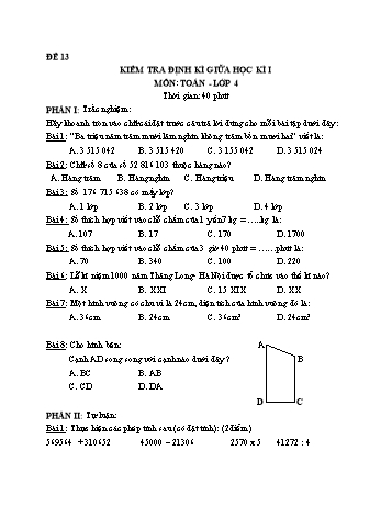 Đề kiểm tra giữa học kì 1 Toán Lớp 4 - Đề 13