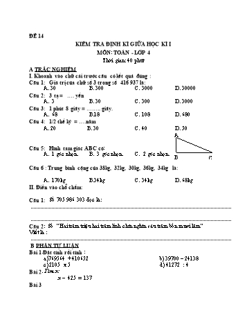 Đề kiểm tra giữa học kì 1 Toán Lớp 4 - Đề 14