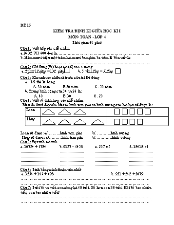 Đề kiểm tra giữa học kì 1 Toán Lớp 4 - Đề 15
