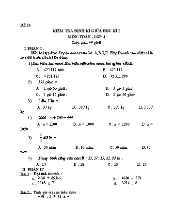 Đề kiểm tra giữa học kì 1 Toán Lớp 4 - Đề 16
