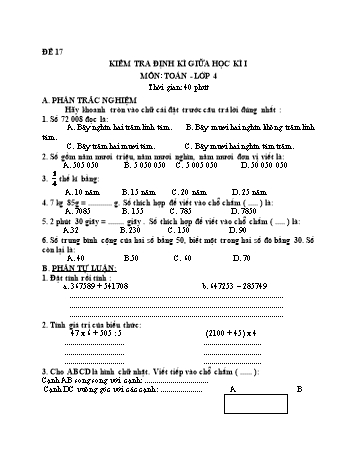 Đề kiểm tra giữa học kì 1 Toán Lớp 4 - Đề 17