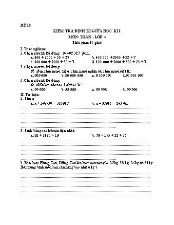 Đề kiểm tra giữa học kì 1 Toán Lớp 4 - Đề 18