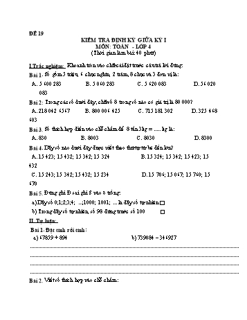Đề kiểm tra giữa học kì 1 Toán Lớp 4 - Đề 19