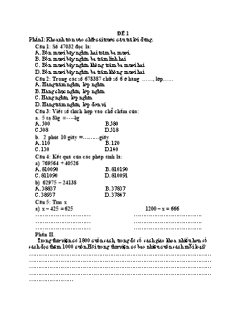 Đề kiểm tra giữa học kì 1 Toán Lớp 4 - Đề 1