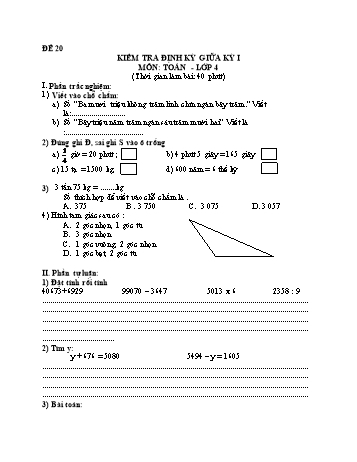 Đề kiểm tra giữa học kì 1 Toán Lớp 4 - Đề 20