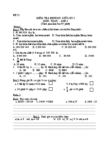 Đề kiểm tra giữa học kì 1 Toán Lớp 4 - Đề 21