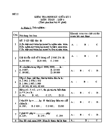Đề kiểm tra giữa học kì 1 Toán Lớp 4 - Đề 22