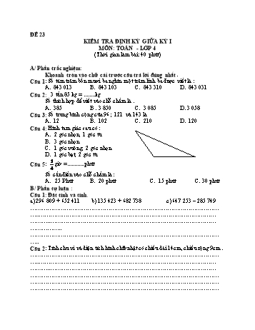 Đề kiểm tra giữa học kì 1 Toán Lớp 4 - Đề 23