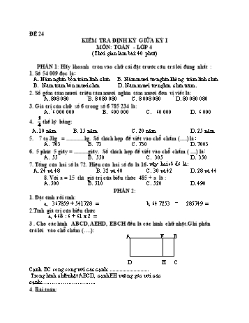 Đề kiểm tra giữa học kì 1 Toán Lớp 4 - Đề 24