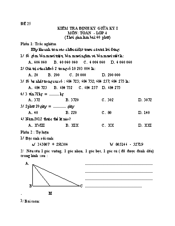 Đề kiểm tra giữa học kì 1 Toán Lớp 4 - Đề 25