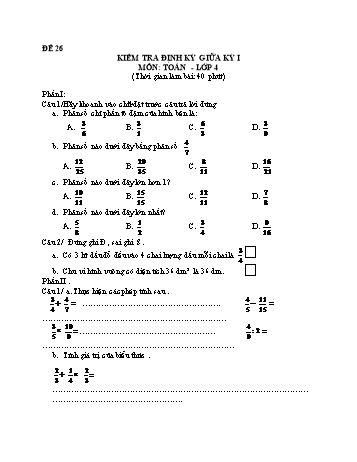 Đề kiểm tra giữa học kì 1 Toán Lớp 4 - Đề 26