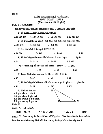 Đề kiểm tra giữa học kì 1 Toán Lớp 4 - Đề 27