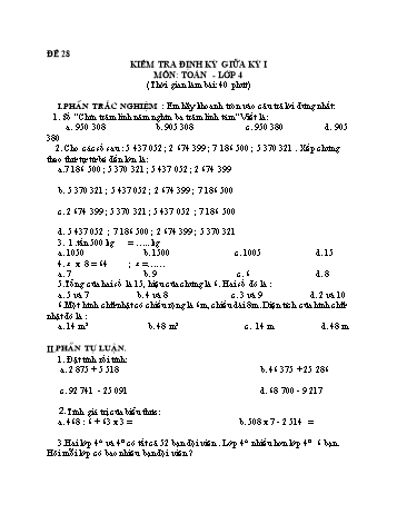 Đề kiểm tra giữa học kì 1 Toán Lớp 4 - Đề 28