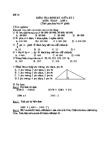 Đề kiểm tra giữa học kì 1 Toán Lớp 4 - Đề 29