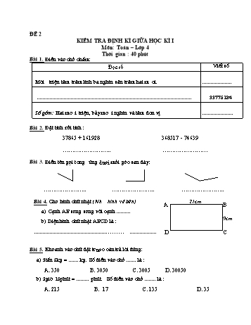 Đề kiểm tra giữa học kì 1 Toán Lớp 4 - Đề 2