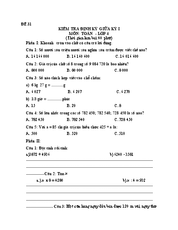 Đề kiểm tra giữa học kì 1 Toán Lớp 4 - Đề 31