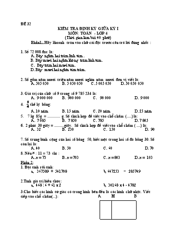 Đề kiểm tra giữa học kì 1 Toán Lớp 4 - Đề 32