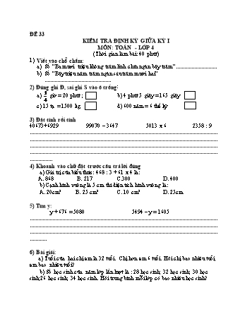 Đề kiểm tra giữa học kì 1 Toán Lớp 4 - Đề 33
