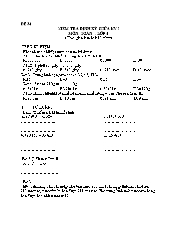 Đề kiểm tra giữa học kì 1 Toán Lớp 4 - Đề 34