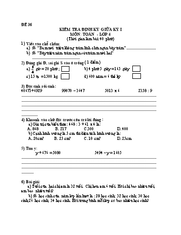 Đề kiểm tra giữa học kì 1 Toán Lớp 4 - Đề 36