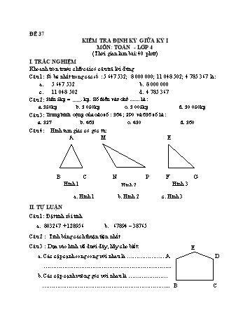 Đề kiểm tra giữa học kì 1 Toán Lớp 4 - Đề 37