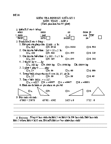 Đề kiểm tra giữa học kì 1 Toán Lớp 4 - Đề 38