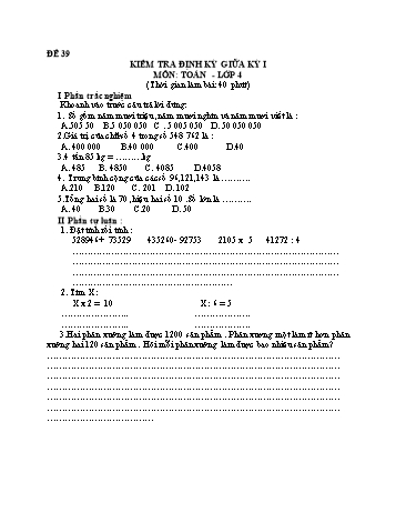 Đề kiểm tra giữa học kì 1 Toán Lớp 4 - Đề 39