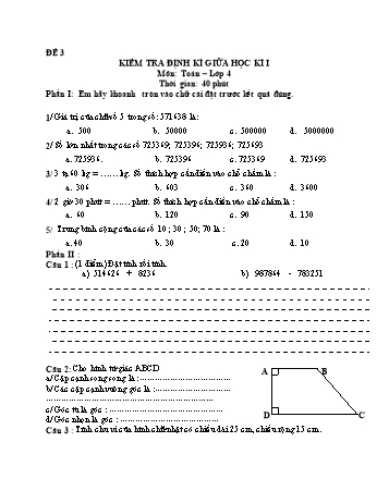 Đề kiểm tra giữa học kì 1 Toán Lớp 4 - Đề 3