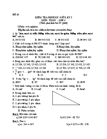 Đề kiểm tra giữa học kì 1 Toán Lớp 4 - Đề 40