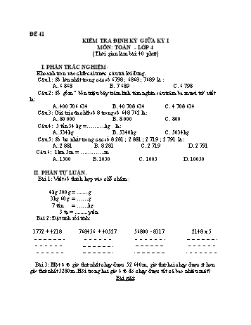 Đề kiểm tra giữa học kì 1 Toán Lớp 4 - Đề 41