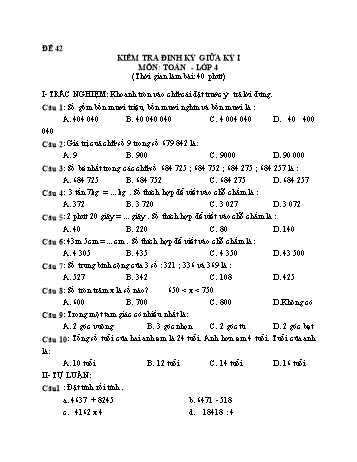 Đề kiểm tra giữa học kì 1 Toán Lớp 4 - Đề 42