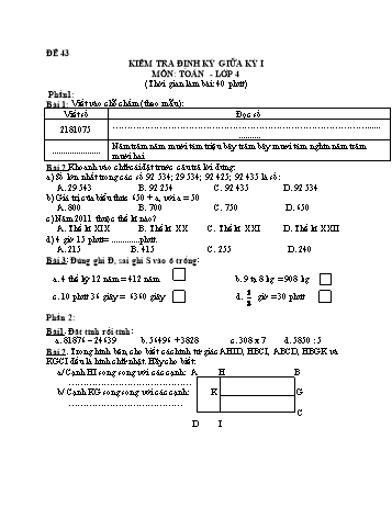 Đề kiểm tra giữa học kì 1 Toán Lớp 4 - Đề 43